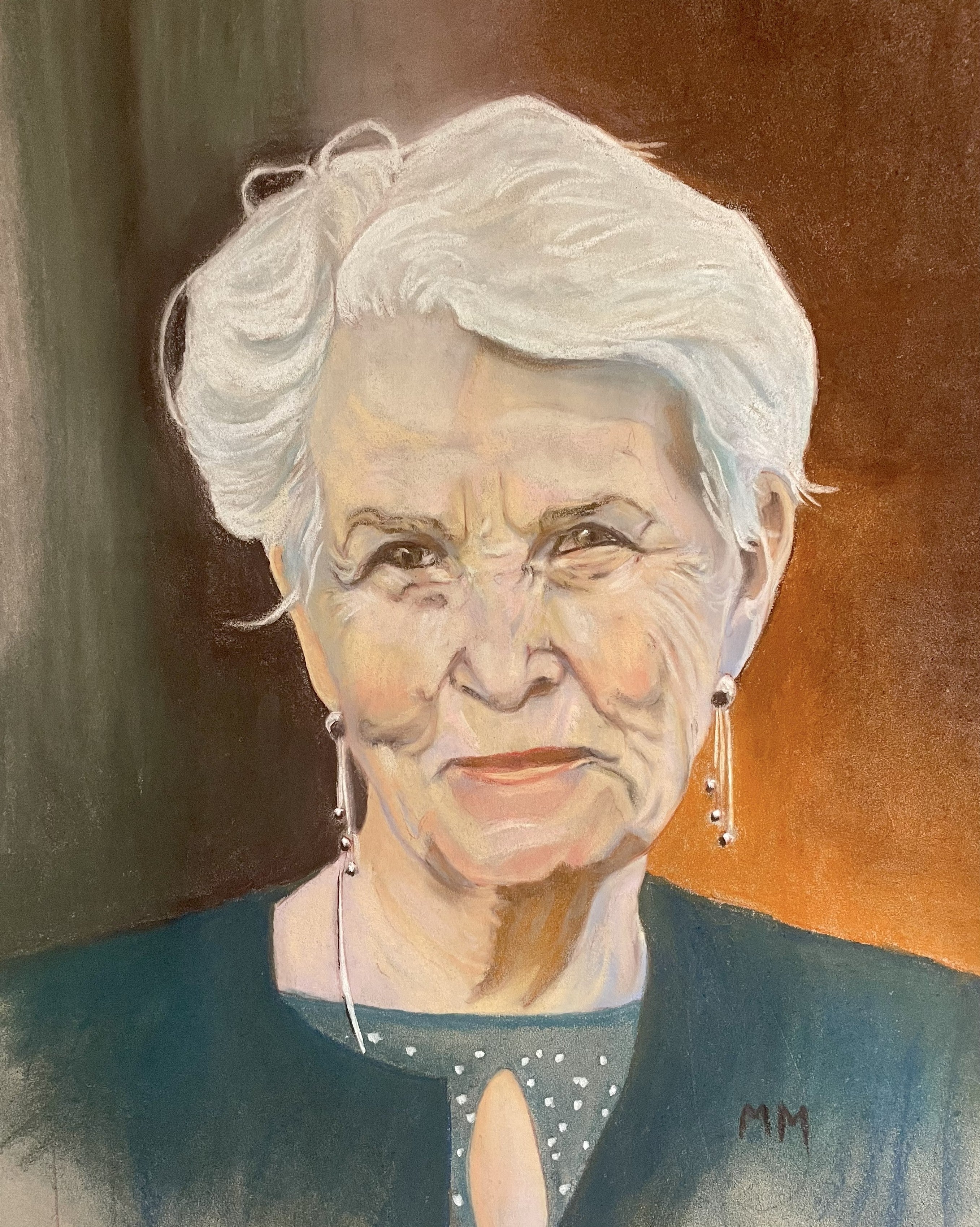 Portrait of an elderly woman with white hair, wearing a dark green top and earrings, painted from a single photograph